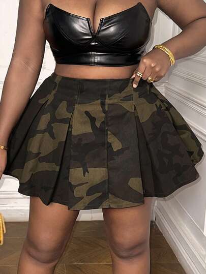 Slaydiva Falda de talla grande casual de línea A con estampado de camuflaje