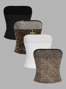 SHEIN EZwear 4入組設計休閒簡約的動物印花貼身短上衣，適合女士夏季戶外穿著