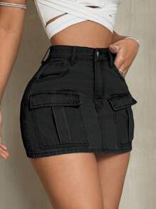SHEIN SXY Solid Flap Pocket Denim Skirt - Black - View 4