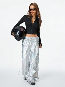 Muchica Women's Fall Basic Minimalist Street Moto Racing Style Contrast Line Structured Slim Fit Jacket - Black - View 3