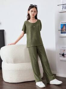 SHEIN Tween Girl Knitted Casual Fit T-Shirt And Wide Leg Pants Casual 2pcs Set