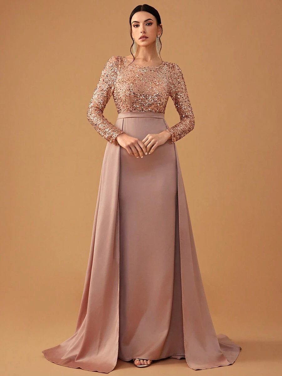 YISIKADO Đầm dạ hội satin đính sequin tương phản thanh lịch, kín đáo dành cho nữ, tay dài, cổ tròn, dáng maxi, thích hợp dự tiệc cưới, lễ tốt nghiệp, tiệc chiêu đãi, tiệc tối, kỳ nghỉ xuân.