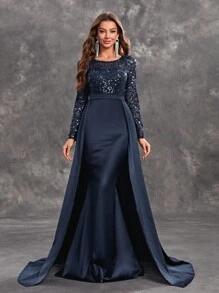 YISIKADO Women Sequin Contrast Satin Ball Gown Elegant Modest Evening Dress Long Sleeve Round Neck Maxi Dress For Wedding Guest Graduation Banquet Dinner