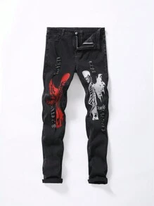 SHEIN Quần jean bó rách có thể điều chỉnh cho bé trai tuổi teen Urban Street Dark Punk Bold Gothic tương phản Death Angles thêu, món đồ thời trang đa năng phải có quanh năm - màu đen - Xem 1