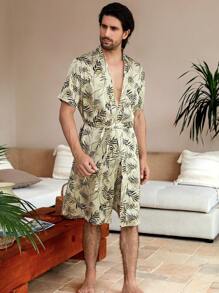 Manfinity ChillVibe Men Tropical Print Belted Robe & Shorts - Yellow - View 4