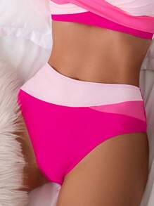 SHEIN Swim 夏季沙灘對比色拼接泳衣下褲 - 粉色 - 查看 1