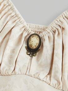 ROMWE Fairycore Váy peplum dây mảnh họa tiết hoa jacquard phong cách Victoria cỡ lớn cho năm mới - Màu be - Xem 2