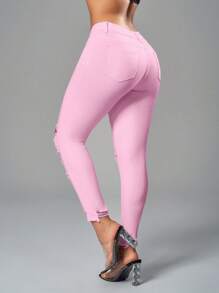 SHEIN SXY 實心撕裂生邊窄腳牛仔褲