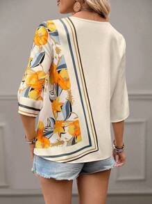 SHEIN Clasi 女士印花彩色休闲日常衬衫、七分袖上衣 - 杏色 - 查看 2