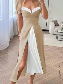 Casual Vacation Style Color-Block Front Split Puff Sleeve Midi Dress - Apricot - View 3