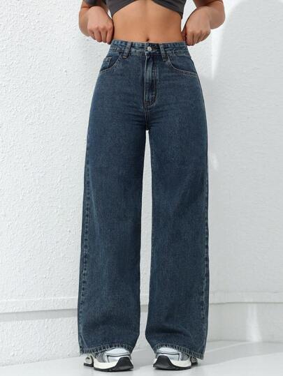 SHEIN ICON بنطلون جينز عصري بقصة مستقيمة للسيدات للباس اليومي