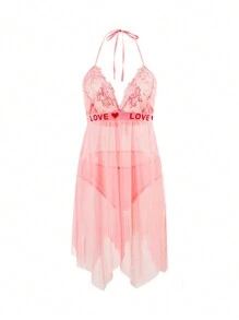 Mesh Embroidery Plus Size Sexy Lingerie Dress With G-String, 2pcs/Set - Pink - View 1