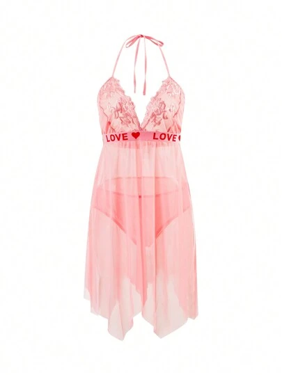 網眼刺繡大尺碼性感女式睡衣連衣裙套裝，含 G-string 2件