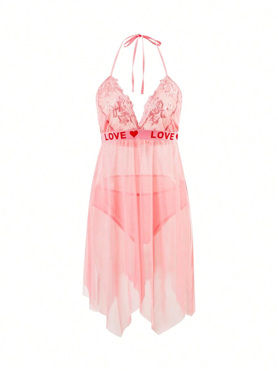 Mesh Embroidery Plus Size Sexy Lingerie Dress With G-String, 2pcs/Set - Pink - View 1