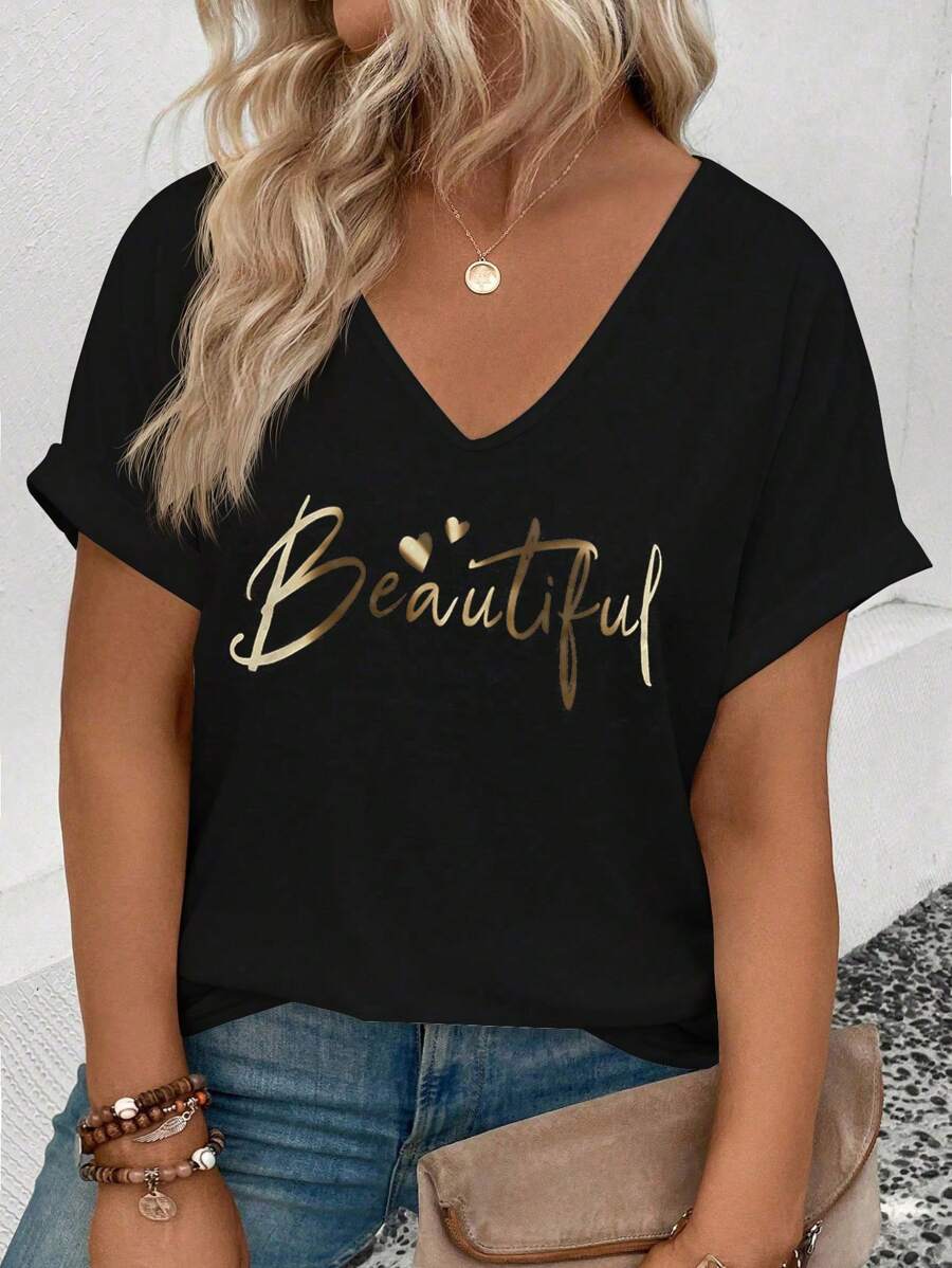 INAWLY Casual Fashionable V-Neck Letter Printed Plus Size T-Shirt Graphic Tees Women Tops - Multicolor - View 1