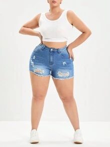 SHEIN SXY Plus Size Stretchy Distressed Raw Hem Sexy Skinny Denim Shorts - Blue - View 4