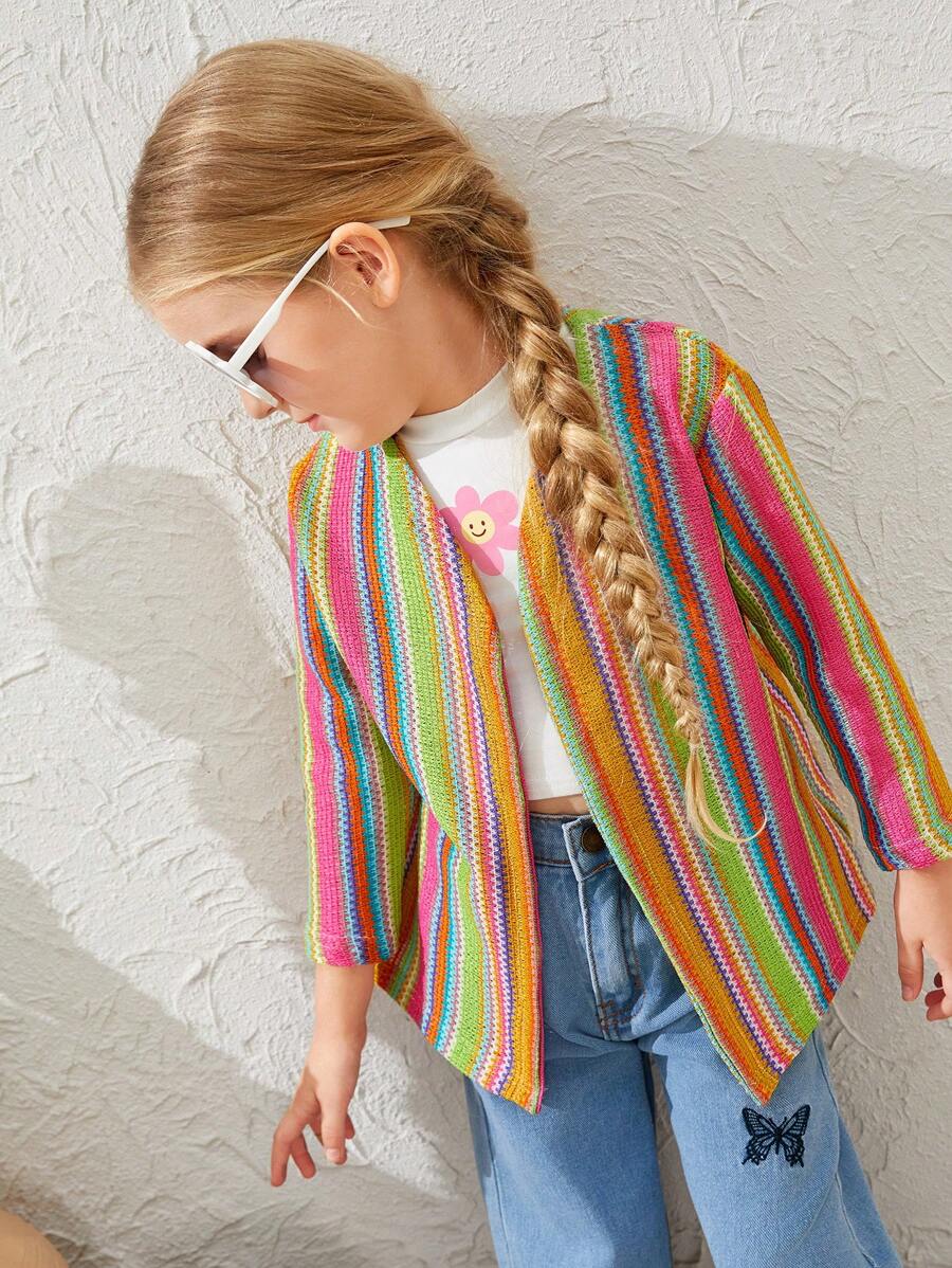 SHEIN Girls' Beach Vacation Sunscreen Colorful Striped Long Sleeve Knitted Thin Open Front Long Cardigan, Suitable For Spring, Summer, Autumn, Beach Vacation And Sun Protection - Multicolor - View 1