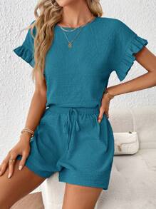 SHEIN Essnce Bộ áo ngắn tay & quần short lưng thun cho nữ, 2 chiếc - Màu xanh ngọc - Xem 1