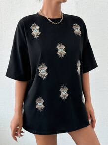 EURMUSE 100%纯棉，通体刺绣，亮片眼睛，宽松T恤，棉质面料 - 黑色 - 查看 5