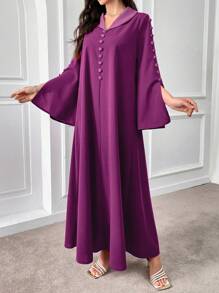 Al Najma 女士简约日常开衩长袖纽扣细节朴素连衣裙 - 中紫紅色 - 查看 8