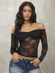 SHEIN BAE Romantic Date Sexy Long Sleeve Solid Color Lace See-Through Off-Shoulder Women's Top, Summer
