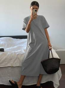 DAZY 實心落肩T恤裙 - 淺灰色 - 查看 6