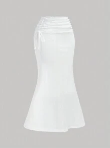 SHEIN MOD 高腰側拉繩腰帶，褶裥腰身，魚尾裙擺，長裙 - 白色 - 查看 5