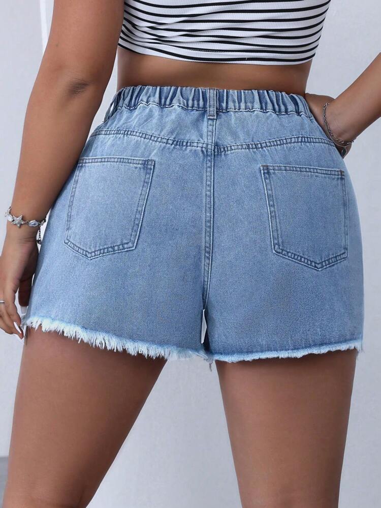Plus Size Summer Casual Frayed Denim Shorts With Distressed Details