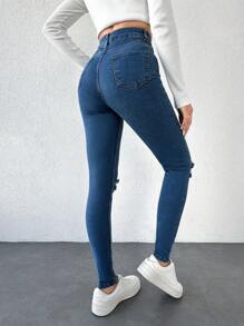 EURMUSE Calças Jeans Femininas Rasgadas No Joelho De Corte Justo - Baby Azul - Ver 2
