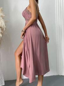 Vestido de pijama largo con panel de encaje, botones frontales, tirantes ajustables y pliegues