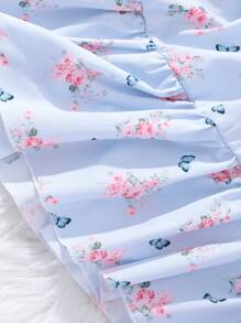 SHEIN Floral Print Short Sleeve Teenage Girls' Dress - Baby Blue - View 4