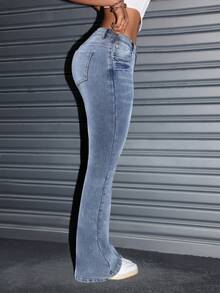 SHEIN ICON Quần jean ống loe cạp thấp thường ngày phù hợp cho nữ có túi - Rửa nhẹ - Xem 4