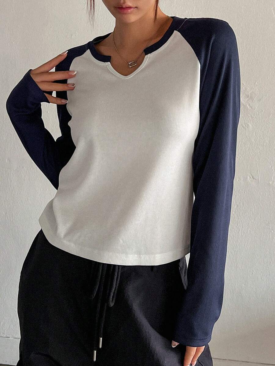 DAZY Women's Raglan Sleeve Contrast Color Block Fitted Casual Pullover Long Sleeve T-Shirt,Fall Women Clothes - White - View 1