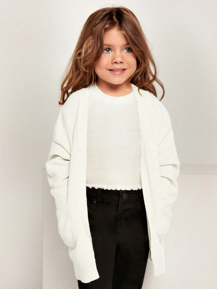 SHEIN Young Girl Solid Drop Shoulder Dual Pocket Duster Cardigan In Fall/Winter - White - View 1