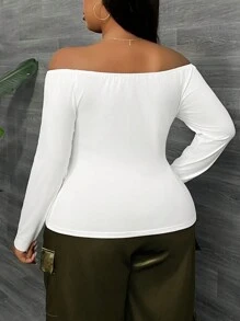 SHEIN SXY Women Plus Curve  Off Shoulder Crisscross Ruched Tee - White - View 2