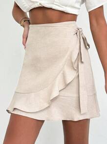 EURMUSE Women Mini Beige Ruffle Trim Wrap Skirt - Beige - View 5