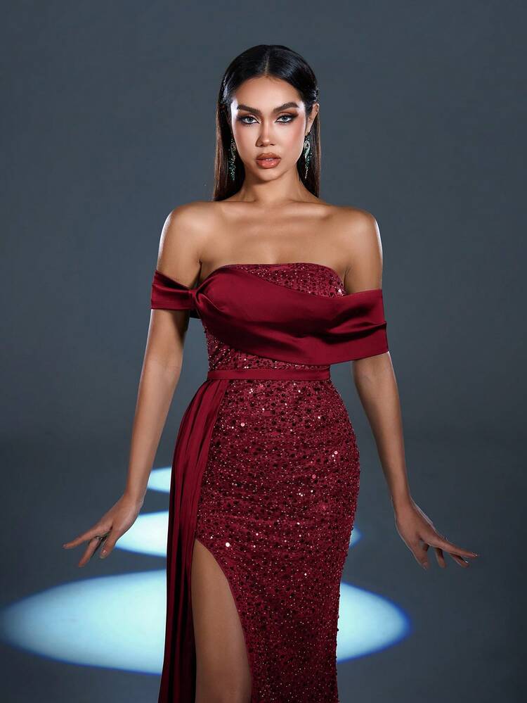 Faeriesty Off Shoulder Draped Side Split Sequin Formal Dress - Burgundy - View 6