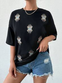 EURMUSE 100%纯棉，通体刺绣，亮片眼睛，宽松T恤，棉质面料 - 黑色 - 查看 1