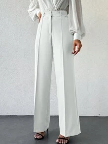 EURMUSE Ladies' Solid Color Simple Daily Casual Long Pants - White - View 3