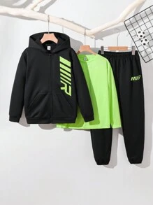 SHEIN Discounted Tween Boys' Clothing Set Including Oversized T-Shirt, Basic Shirt, Autumn & Winter Sports Zip-Up Sweatshirt, Pants, And T-Shirt Combo. Suitable For Daily And Casual Wear, College, Commuting, Traveling, And Sports. Ideal For Autumn/Winter Season. - Black - View 1