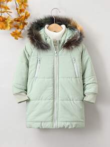 SHEIN Young Boy Fluffy Spliced Hooded Long Sleeve Winter Padded Coat/Jacket