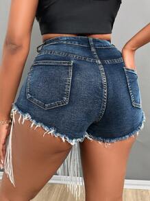 SHEIN SXY Cộng với kích thước Quần short denim màu xanh bó sát gợi cảm có lỗ rách và tua rua - Rửa trung bình - Xem 2