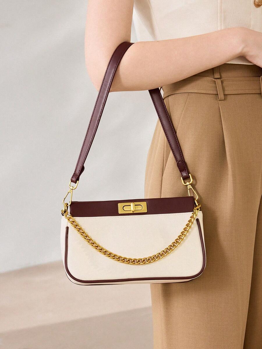 MOTF PREMIUM WOMEN'S COLOR BLOCK CHAIN SHOULDER BAG - Black and White - View 2
