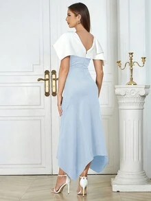 Elegant Simple Blue And White Patchwork Asymmetrical Waist Tuxedo Dress Women - Baby Blue - View 2