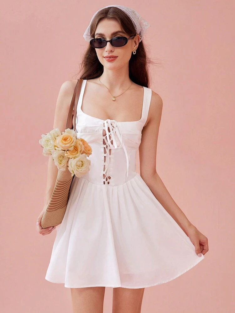 Damska biała śliczna wakacyjna letnia koronkowa sukienka mini tutu na przyjęcie z okazji ukończenia szkoły