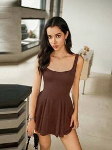 SHEIN Unity Women's Summer Open Back Solid Color Skater Dress - Coffee - View 4