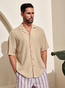Genlund Camisa casual sólida de manga corta con textura para hombre, ideal para vacaciones - Amarillo - Ver 1