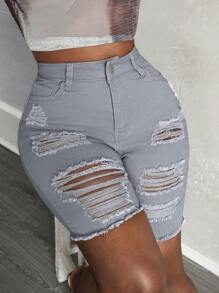 SHEIN Slayr 女性修身款休閒牛仔短褲，帶有破洞口袋細節 - 淺灰色 - 查看 4