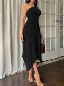 Firerie Plus Size Women Casual Elegant Holiday Beach Date Casual Twisted One Shoulder Sleeveless Asymmetrical Hem Bodycon Dress, Spring/Summer - Black - View 2