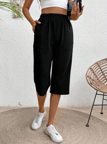 EMERY ROSE Women Summer Elastic Waist Solid Color Casual 3/4 Length Pants With Pockets